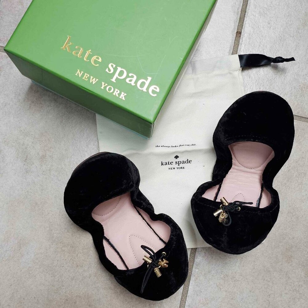NEW Kate Spade Black Crushed Velvet Ballet Shoes - In Box with Bag. Size 6.5!
